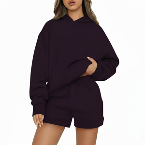 Ensemble sweat-shirt et short pour femme, couleur unie, 100% coton, décontracté, coupe ample, tenue deux pièces, style streetwear, confortable pour tous les jours - Product Image 5