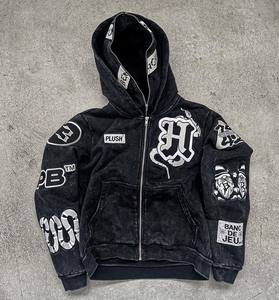 Streetwear à broderie personnalisée OEM ODM, sweat à capuche brodé noir 550gsm, poids lourd, lavé à l'acide, sweats à capuche surdimensionnés à enfiler avec fermeture éclair - Product Image 6