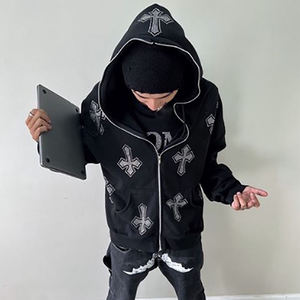 Nouvelle arrivée sweat à capuche en éponge française noir plaine strass sweat à capuche hommes fermeture éclair complète grande taille à capuche - Product Image 2