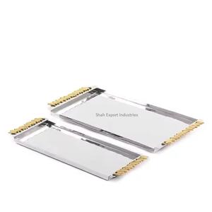 Bandeja de servicio de mesa con forma rectangular con asa, aspecto martillado, bandeja de servicio de comida y bebida para restaurante chapada en plata - Product Image 2