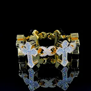 Gioielli oro giallo placcato passa diamanti Tester Vvs Moissanite Baguette taglio pieno diamante maglia croce bracciali Charm