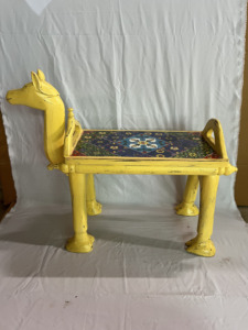 Handcrafted Rajasthani Hand-Painted Wooden Camel Face Yellow Color With Ceramic Tiles Fitted End Table Nighstand - Product Image 1