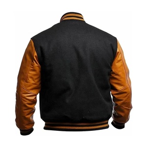 Veste universitaire sportive col montant manches en cuir de laine noire Streetwear Bomber Jacket CollegeBaseballjacket pour hommes - Product Image 3