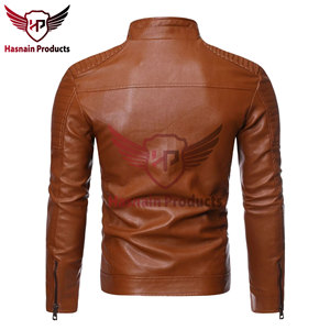Chaqueta de Cuero Genuino Color Bronceado para Hombre, Estilo Motero, Cuello Alto, Chaqueta de Cuero para Motocicleta, Fabricante OEM ODM - Product Image 6