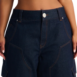 <b>Womens</b> Dark Blue Denim <b>Cargo</b> <b>Shorts</b> Regular Fit Knee Length Utility Pocket Casual Streetwear Summer Fashion Bermuda Washed Woven - Product Image 3