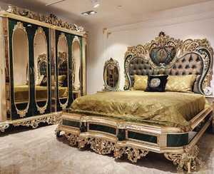 Turkish Middle East Eastern Luxury Antique Royal Hand Carved Bedroom Furniture Set Green <strong>Upholstery</strong> <strong>Fabric</strong> Classical Furniture