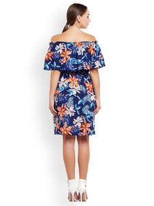 Casual All-Over <b>Pattern</b> Flounce <b>Dress</b> Shoulder Neckline Smocked Waist Ruffle Trim Plus Size Viscose ODM Fashion Knee-Length - Product Image 2