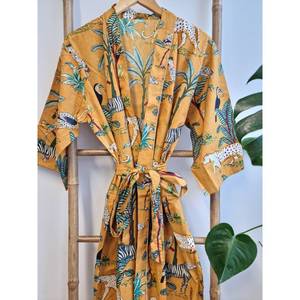 Robe en coton imprimée à la main, style kimono indien, robe de détente bohème, vêtement de loisirs respirant - Product Image 4