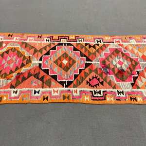 Alfombra Kilim Turca Vintage de 3.2x9.8 pies, Alfombra Persa de Lana Naranja - Product Image 3