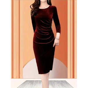 Women's Long Sleeve Boat Neck Midi <b>Velvet</b> <b>Dress</b> with Side Stone Detail, 37548 - <b>Burgundy</b> - Product Image 3
