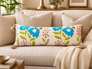 Funda de Cojín Lumbar Bordada a Mano con Diseño Floral de Algodón, con Borlas en las Esquinas, Color Turquesa, para Decoración de Sofá - Product Image 3