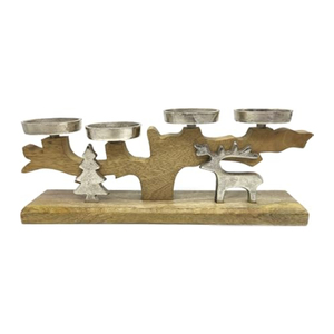 Portavelas Navideño de Madera Premium con Detalles de Reno y Árbol en Metal Negro, Acabado de Madera Natural Moderno, para Velas de Té, para el Hogar - Product Image 3
