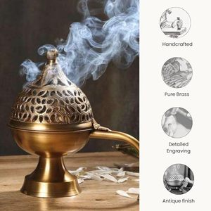 Quemador de incienso de latón decorativo con patrones tallados, perfecto para sesiones de relajación de aromaterapia y alivio del estrés - Product Image 3