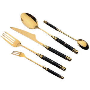 Juego de Cubiertos de Metal de acero inoxidable dorado de nuevo diseño de lujo con juego de vajilla con mango azul para restaurante de Hotel y uso doméstico - Product Image 1