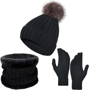 Unisex Biểu Tượng Tùy Chỉnh Da Vá Dệt Kim Hat Ấm Cộng Với Nhung 3 Mảnh Mùa Đông Hat Furry Beanie Thiết Lập Nhân Vật Mô Hình Sọc - Product Image 6