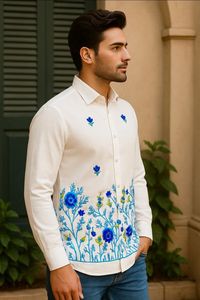 Camisa de algodón de moda para hombre, traje estampado de manga completa de trabajo bordado para reuniones de trabajo, reuniones sociales, moderno y elegante, transpirable - Product Image 6