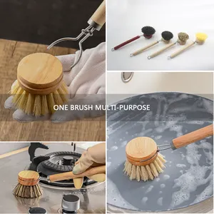 Escova de prato com cabo de bambu, escova substituível para pote, cabo longo, escova de limpeza removível de cerdas macias