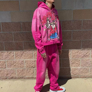 Fabricant sérigraphié Manches Sun Faded Survêtement Sweat à capuche zippé et pantalon baggy Ensemble Boxy Fit Distressed Vintage Sweatsuit - Product Image 4