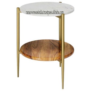 Modern Gold-Plated Polished Metal Legs White Top Marble & Wood Round Coffee <b>Table</b> for Home Office Living Room - Product Image 2