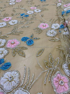 Vải Ren Đính Kim Sa Nặng 3d Đám Cưới Sang Trọng Mới Nhất 2023 Vải Dubai Màu Hồng Với Miếng Đính Nhà Sản Xuất Vải Thiết Kế - Product Image 4