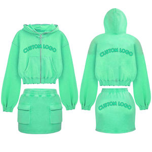 Acheter 2025 femmes décontracté 2 pièces ensemble manches longues couleur unie recadrée à capuche avec fermeture éclair et demi-jupe nouvelle collection automne hiver - Product Image 3