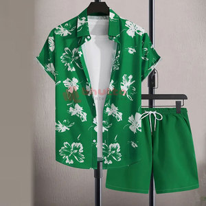 OEM Custom Made High Quality Men Summer Breathable Solid Color Customized Color Floral Hawaii Beach Print 2-Piece <b>Shorts</b> <b>Sets</b> - Product Image 1
