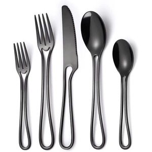 Juego de 5 cubiertos de acero inoxidable, ideal para mesa de utensilios de cocina, uso en fiesta en casa, cubiertos recubiertos de Color negro, mango de diseño blanco - Product Image 5