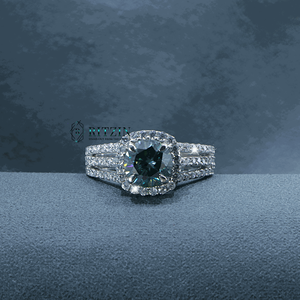 Halo de diamante de corte redondo verde con acentos de solitario estilo anillo de diseño pesado anillo de compromiso para mujer - Product Image 3