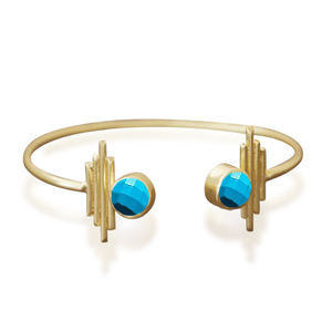 Turquoise Gemstone Designer <b>Bangles</b> <b>Gold</b> <b>Plated</b> 8mm Double Stone Faceted Birthstone <b>Bangle</b> For Her - Product Image 1