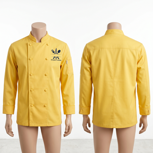 เสื้อเชฟผู้ชาย 240 GSM ผ้าโพลีคอตตอนทวิลคุณภาพพรีเมียม สีเหลือง กระดุมสองแถว แขนยาว สกรีนโลโก้แบบซับลิเมชั่นตามสั่ง - Product Image 1