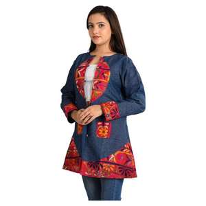 Veste de travail en jean avec broderie miroir Veste de fête pour femme Veste en jean longue Manteau vintage Tenue tendance - Product Image 2