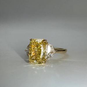 8.00 Carat Fancy Vivid <b>Yellow</b> Radiant Cut Lab Grown Diamond Engagement Ring 18K Gold Three Stone Design With Pear Sides - Product Image 6