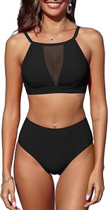 Women's Black Halter Bikini <b>Set</b> High Waist <b>Mesh</b> Detail Spandex Polyester Swimwear <b>Two</b> <b>Piece</b> Tankini Style - Product Image 1