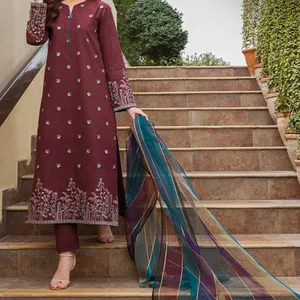 橙色黑色衬衫长裤Dupatta 3pcs棉草坪套装女性准备穿印度巴基斯坦流行开斋节系列