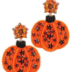 Boucles d'oreilles citrouille d'Halloween brodées à la main avec perles, bijoux fantaisie haut de gamme à prix abordable - Product Image 5