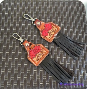New Real Handcrafted Genuine Color Tooled Leather Cute Charming <b>Tassel</b> Keyrings Hot Sale Western Style Modern Floral Key Fobs - Product Image 1