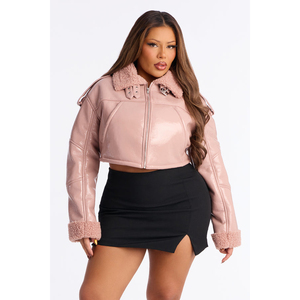 Fabricant de vestes en cuir sur mesure, veste bomber en cuir PU vintage rose occidentale de luxe à fermeture éclair pour femmes - Product Image 1