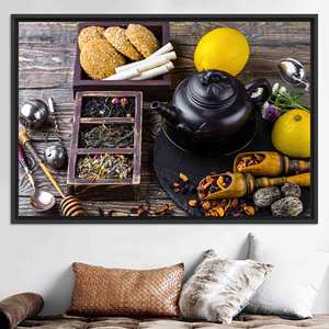 Printed <b>Canvas</b>: Elegant Lemon & Teapot Tea Time Decor,BLACK <b>FRAMED</b> <b>CANVAS</b> - Product Image 1