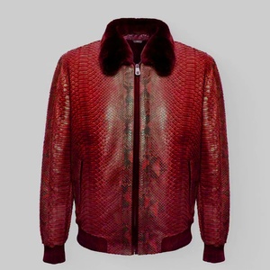 Blouson bombardier en cuir rouge pour homme 2022, nouvelle veste en peau de vache véritable avec imprimé serpent Python en relief - Product Image 1