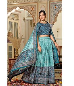 Lehenga Choli traditionnel élégant imprimé |   Tenue de mariée ethnique indienne artisanale en soie Tussar de qualité supérieure pour mariage et festivals - Product Image 5