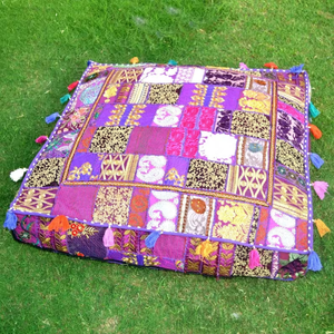 Coussin décoratif d'extérieur en patchwork fait main indien, coussin carré, 100% coton, brodé, zafu, pouf de méditation, lit pour chien - Product Image 2