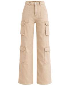 Customized <b>Beige</b> Wide Leg Cargo <b>Jeans</b> <b>Women</b> High Waist Denim Pants With Multi Pockets Casual Streetwear Manufacturer Supply OEM - Product Image 2