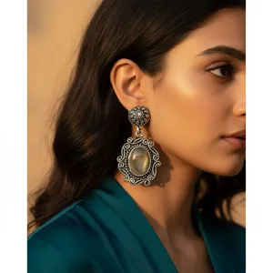 Boucles d'oreilles pendantes tendance en argent tibétain vintage Art Palace, forme fleur, sertissage clos de pierres naturelles, pour femme, bijoux d'anniversaire - Product Image 1