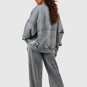 Tops de bombardero con cremallera de pierna larga y recta para mujer, conjunto de algodón lavado de tendencia, técnica bordada de punto, chándales sólidos para mujer - Product Image 3