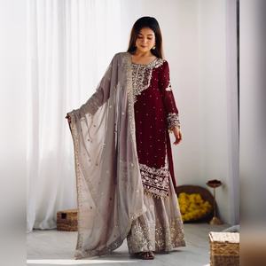 Luxury georgette plazzo salwar kameez with heavy <b>thread</b> work top and plazzo with dupatta pair for casual outing boutique style - Product Image 5