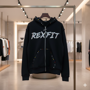 Sudadera con Capucha Negra Rexfit para Hombre, con Cierre, Logotipo Estampado en el Pecho y Adornos de Piedras Preciosas |   Sudadera con Capucha Premium de Invierno para Ropa Urbana - Product Image 2