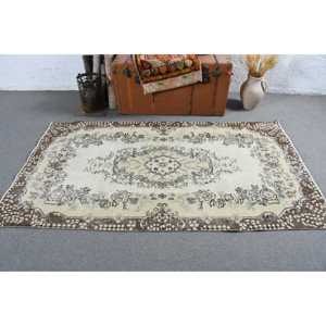 3.7x6.8 ft Rug, Turkish Vintage Rug, <b>Brown</b> White Abstract <b>Wool</b> Rug - Product Image 3