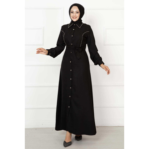 Vestido de cuello camisero con detalles de perlas negro - Product Image 5