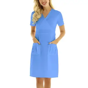 Beste Qualität Medical Ceil Blue Nurse Uniform Kleid Kurzarm Tall Scrub Uniform Kleid für Krankenhaus Neues Design