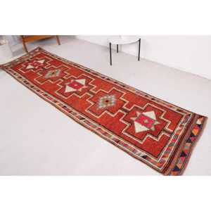 Turkish Vintage Rug, 2.7x10.2 ft Herki Rug, <b>Red</b> <b>Runner</b> Animal Print Rug - Product Image 2